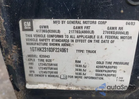 2003 GMC Sierra 2500Hd Sle z USA, uszkodzony, nr VIN 1GTHK23103F224061